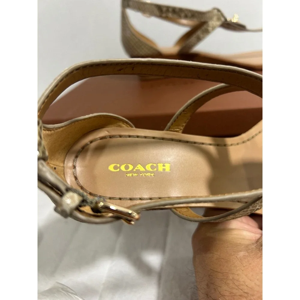 Coach G1144 Snakeskin Embossed Leather Wedge Thong Sandals Mens 8B Natural Gold